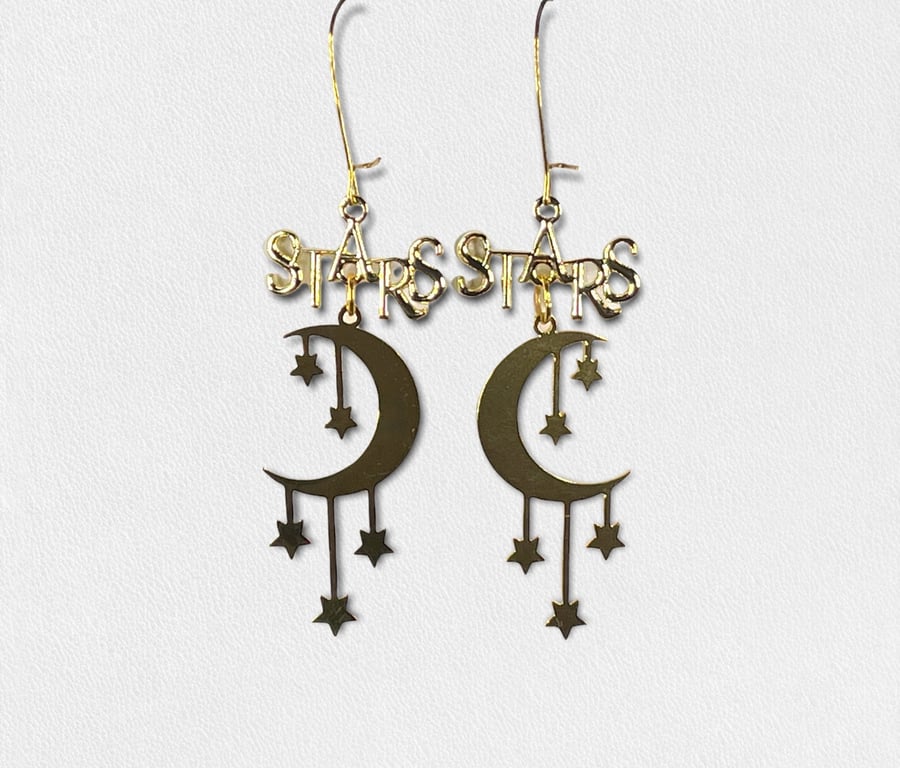 BRASS STAR EARRINGS star and moon gold plated word earrings gift for her funky c