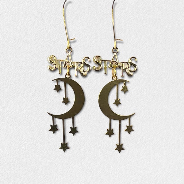 BRASS STAR EARRINGS star and moon gold plated word earrings gift for her funky c
