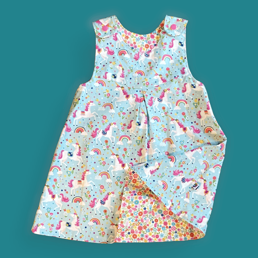 Unicorns, Rainbows and Flower Reversible Pinafore Dress - 6-9 months