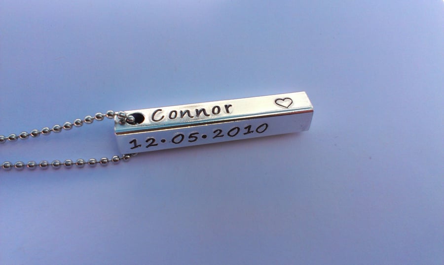 Hand Stamped personalised four sided bar pendant on stainless steel ball chain