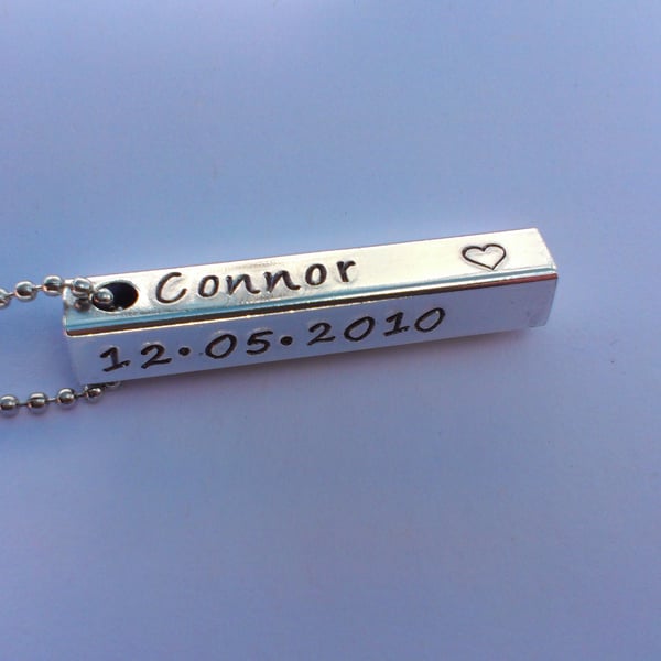 Hand Stamped personalised four sided bar pendant on stainless steel ball chain