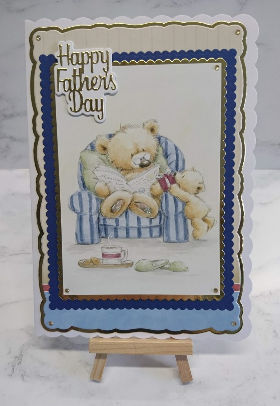 Happy Father's Day Card Teddy Bear Relaxing with Newspaper
