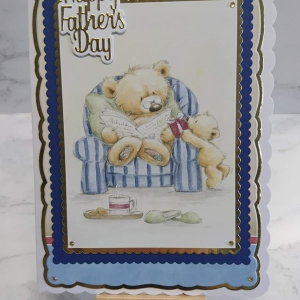 Happy Father's Day Card Teddy Bear Relaxing with Newspaper