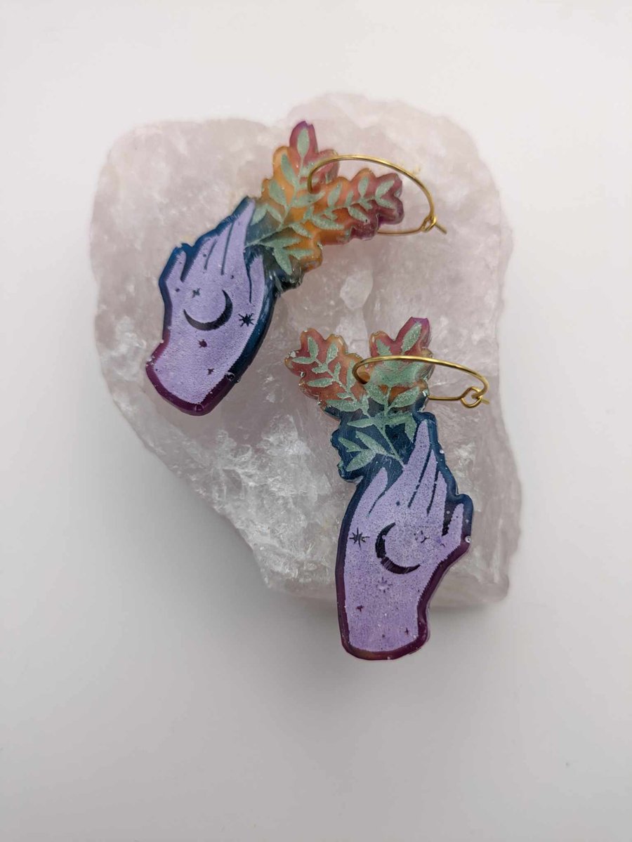 Resin Earrings, Witchy Hand Hoop Earrings,