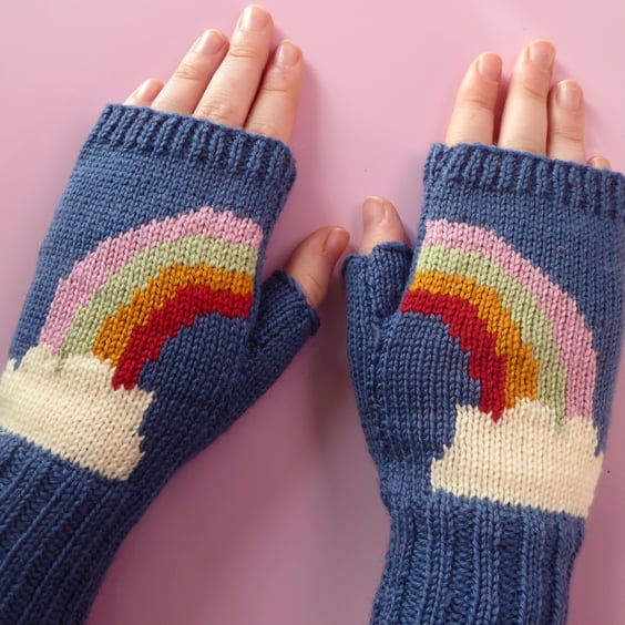 Rainbow Fingerless Gloves knitted in merino wool