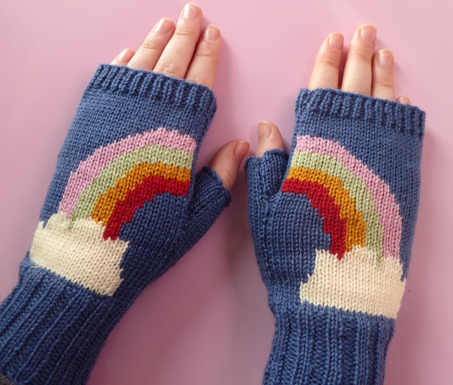 Rainbow Fingerless Gloves knitted in merino wool