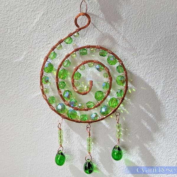 Beautiful copper and green suncatcher wire wrapped spiral handmade unique 