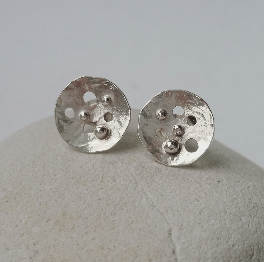 Sterling silver textured stud earrings. Handmade UK 