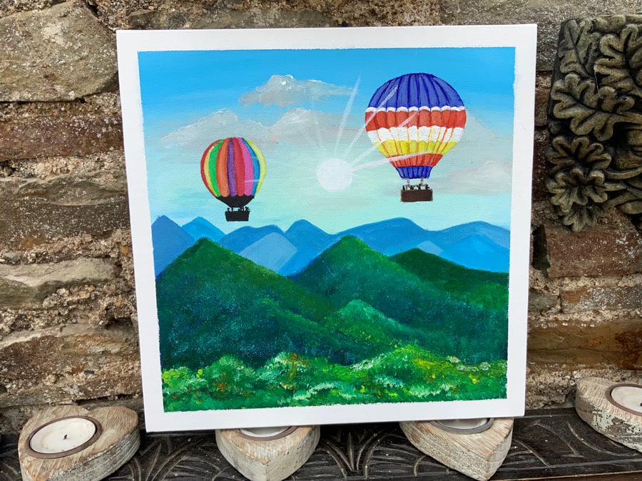 Acrylic Painting. Hot Air Balloons. 10” by 10”. Flat canvas. 