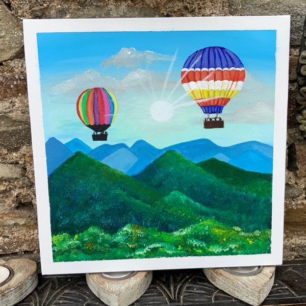 Acrylic Painting. Hot Air Balloons. 10” by 10”. Flat canvas. 