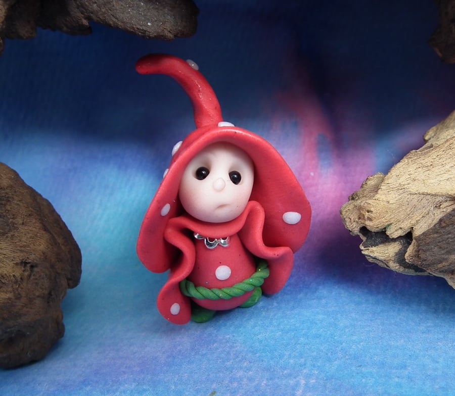 Tiny Toadstool Gnome with fly agaric robes 'Flik' OOAK Sculpt by Ann Galvin