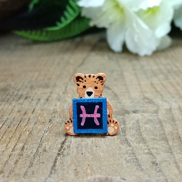 Pisces Bear Pin, Handmade Tiny Star Sign Wooden Teddy Badge
