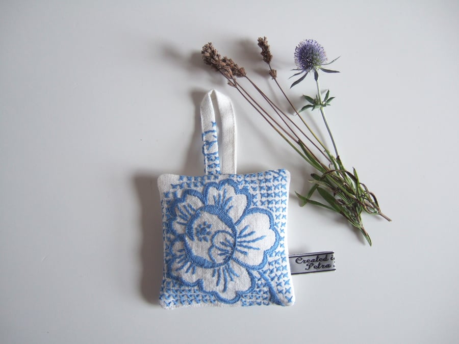  Blue floral lavender bag with vintage embroidery and dried Yorkshire lavender.