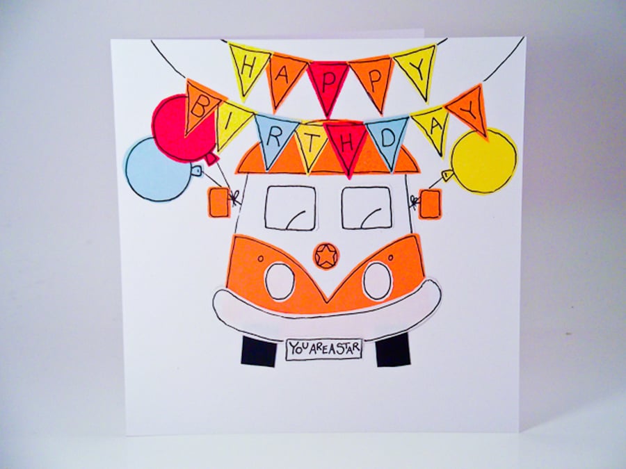Greeting Card  - Happy Birthday Bunting Camper Van Handmade Card