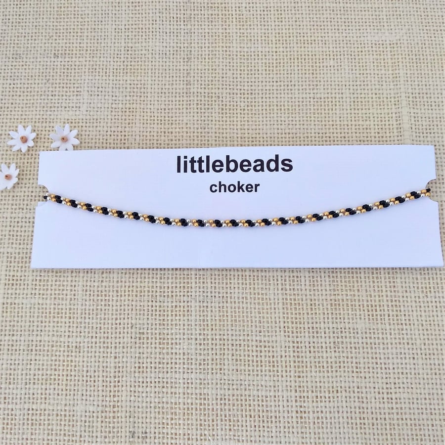 Black, Gold and Silver Seed Beaded Choker Necklace