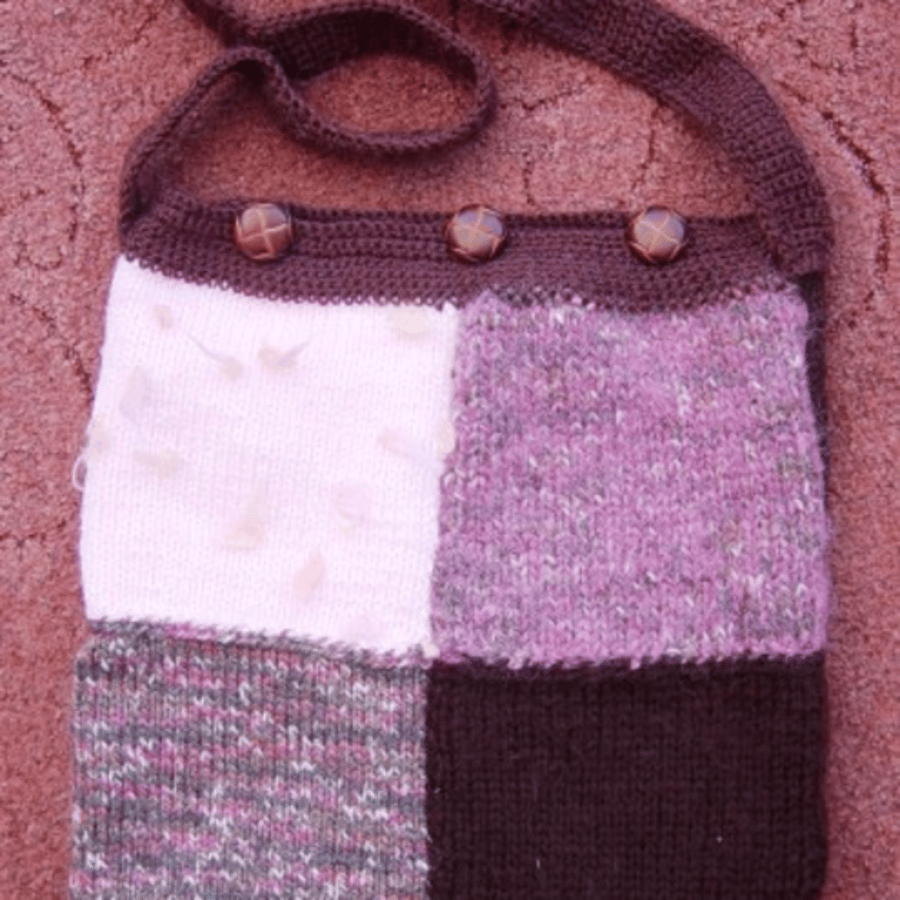 Chocolate Plum Patchwork Hand Knitted & Crocheted Handbag