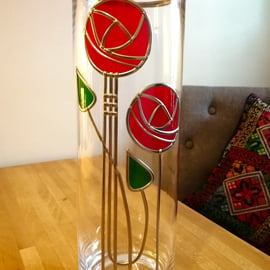 Enchanting Red Mackintosh Inspired Rose Stained Glass Effect Vase