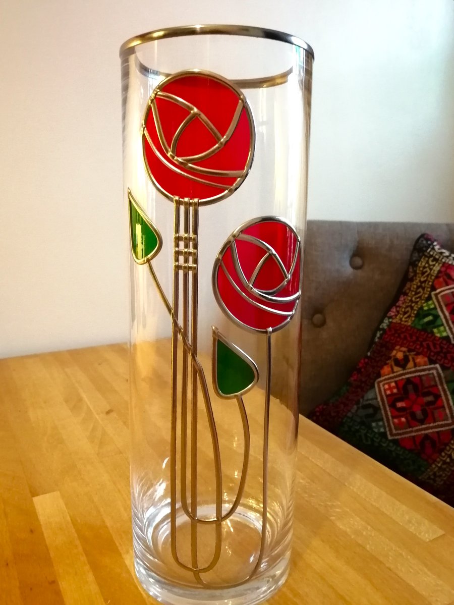 Enchanting Red Mackintosh Inspired Rose Stained Glass Effect Vase
