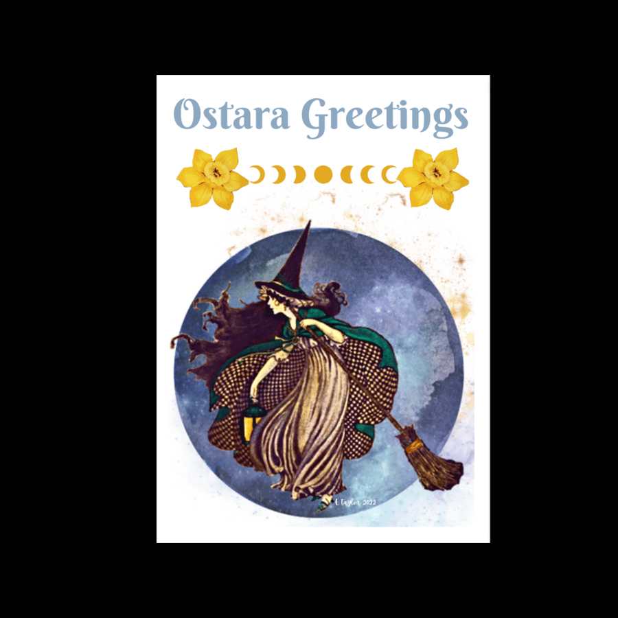 Ostara Greetings Card Witch Daffodils Personalised Seeded Option Wiccan Pagan