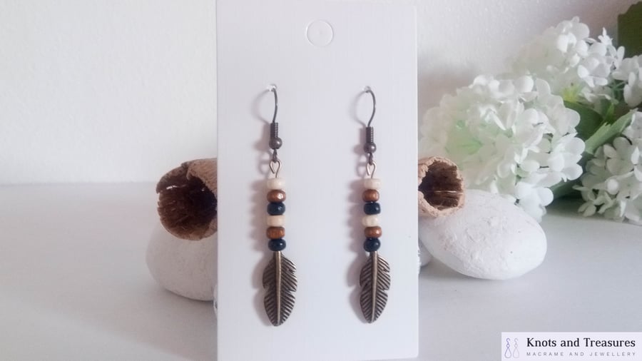 Wooden Beads and Antique Bronze Feather Dangle Earrings