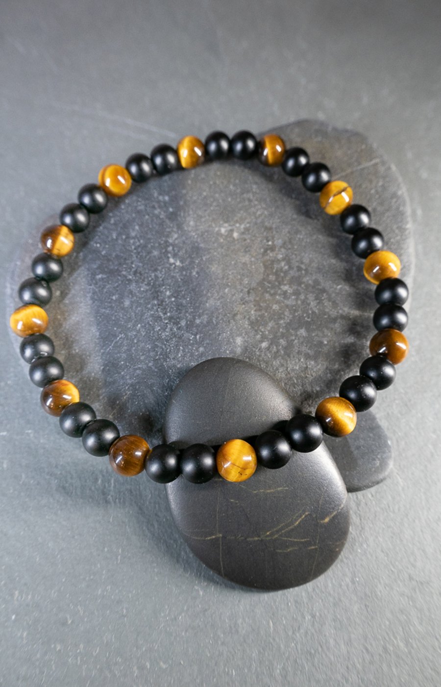 Bracelet Onyx and Tiger's Eye gemstone stretchy design 2 of 3 handmade