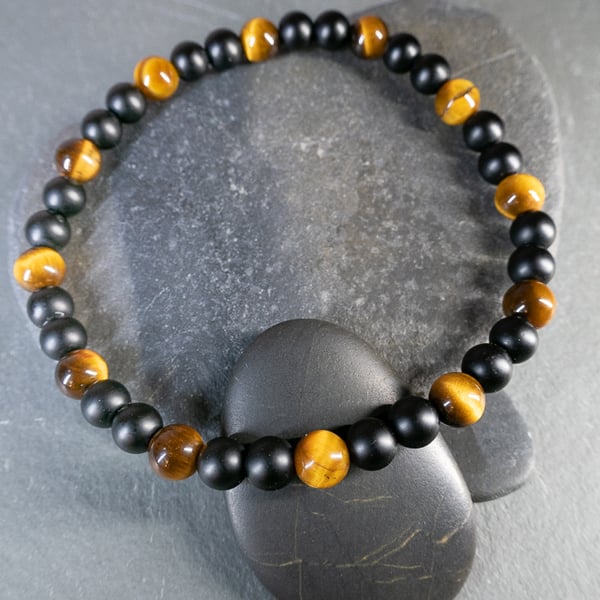 Bracelet Onyx and Tiger's Eye gemstone stretchy design 2 of 3 handmade