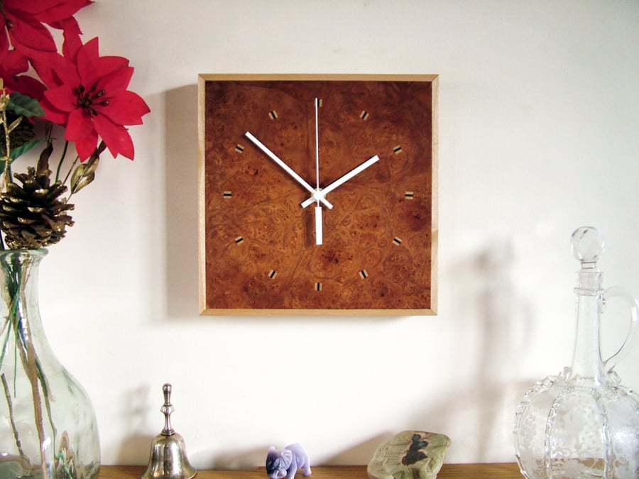 Square Wooden Wall Clock, handmade in Burr Field Maple, Sycamore and Old Ebony.