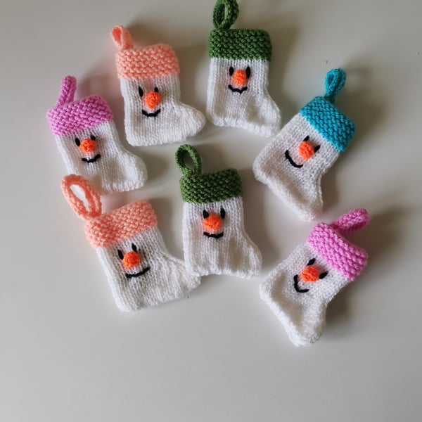 Hand Knitted Snowmen Tree Stocking Decorations 