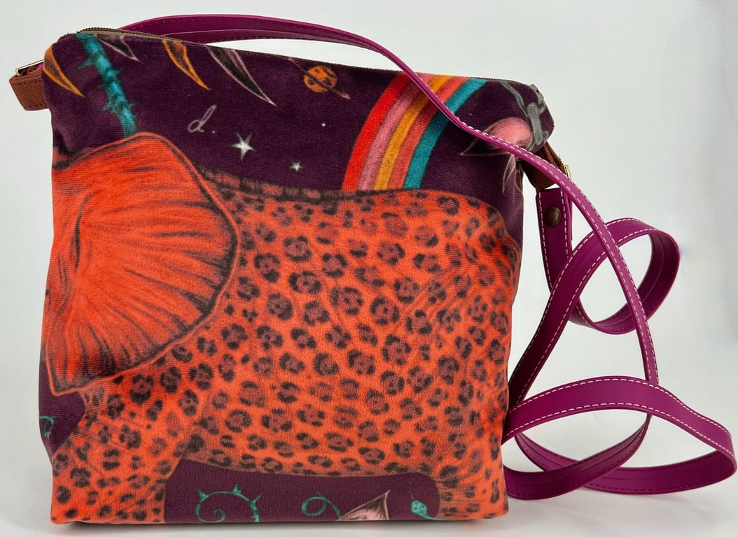 Handmade Emma Shipley velvet fully lined cross body purse in brown with orange e