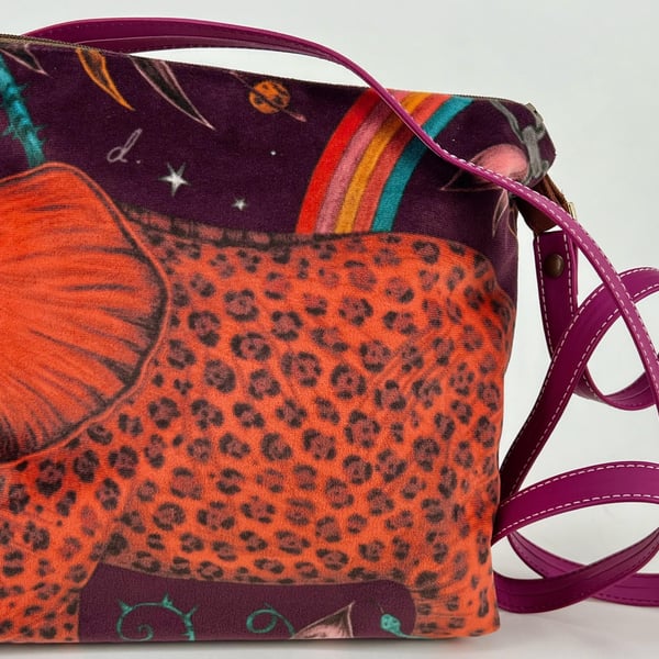 Handmade Emma Shipley velvet fully lined cross body purse in brown with orange e