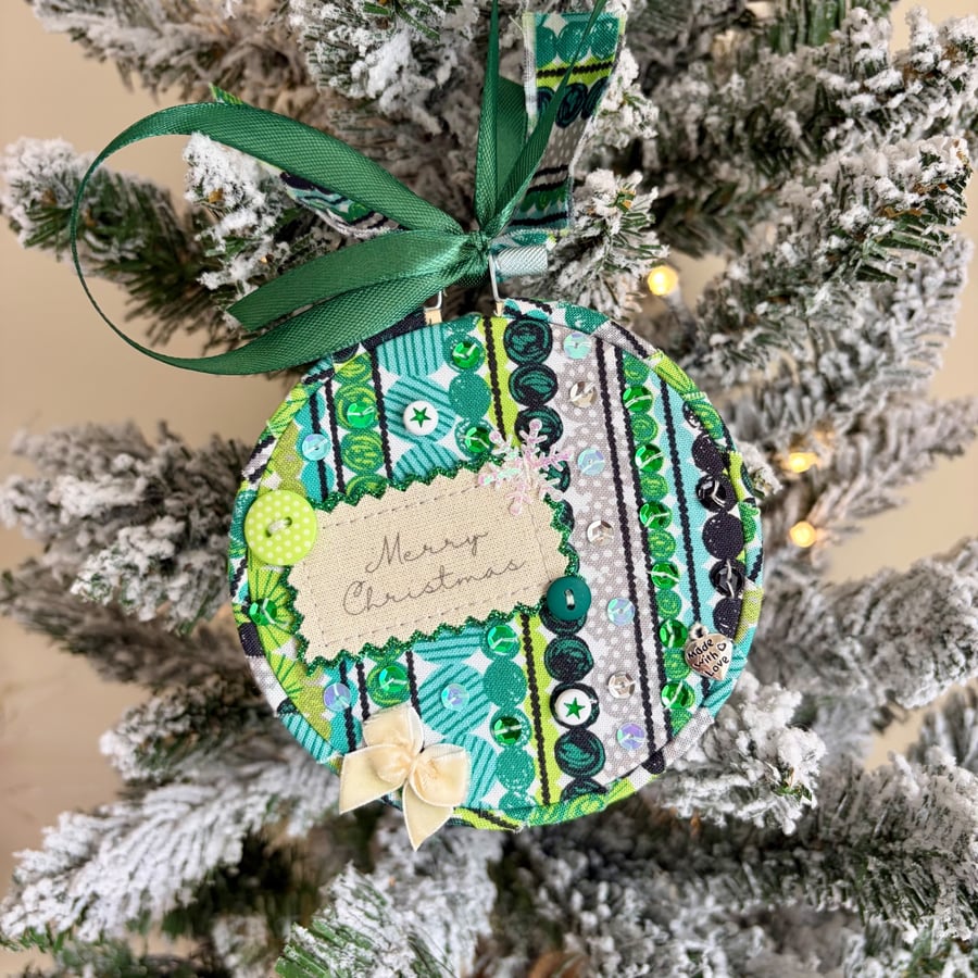 Personalised Merry Christmas Bauble - Green Striped Hoop - Handmade Ornament
