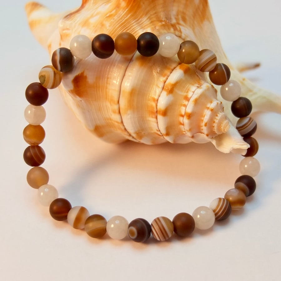 Frosted Brown Agate & Grey Jade Bracelet - Larger Wrist Size - Father's Day Gift