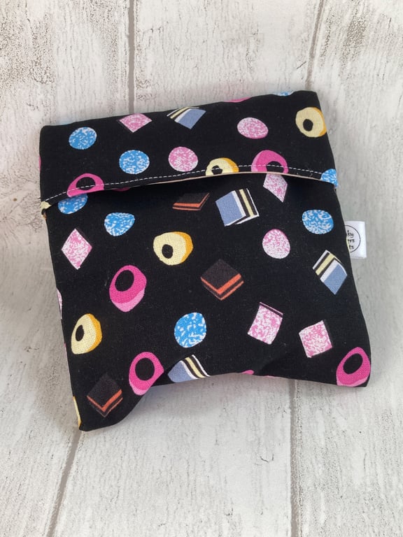 Large snack bag in Licorice Allsort print.  Reusable and eco-friendly