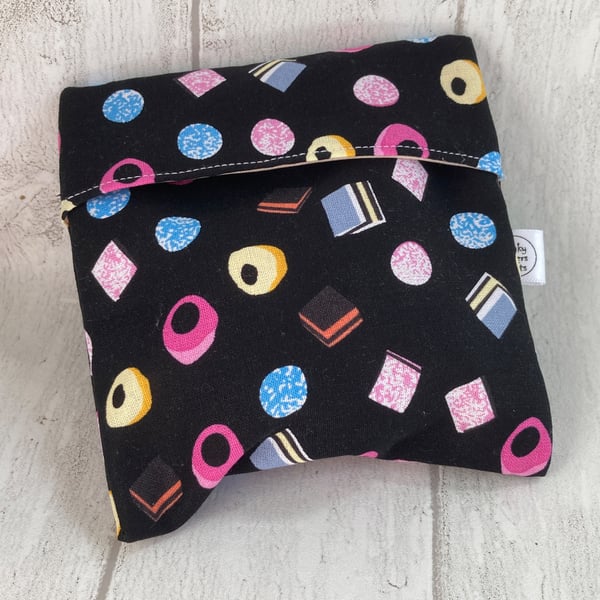 Large snack bag in Licorice Allsort print.  Reusable and eco-friendly