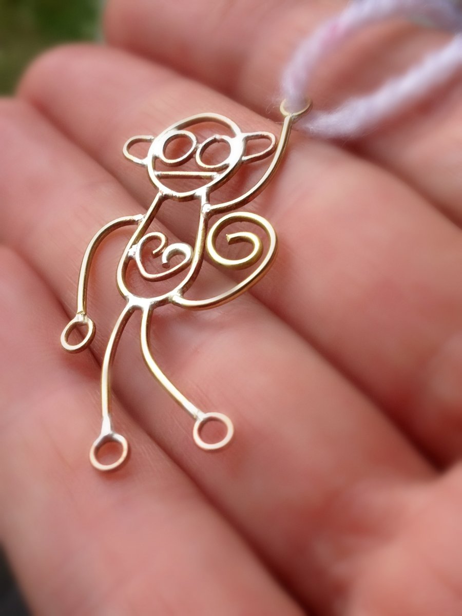 Mad monkeys from a childs drawing. Available in sterling silver or 9ct gold.