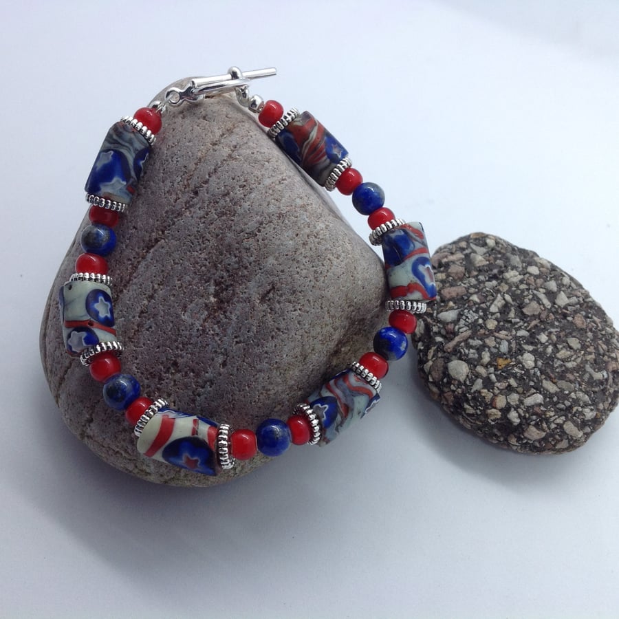 Bracelet with rare old trade beads in Stars and Stripes pattern with lapis lazul