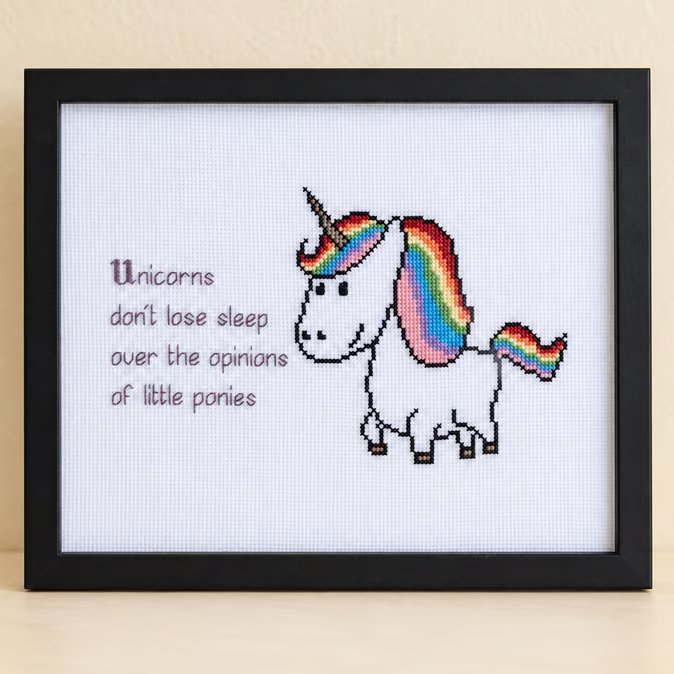 Unicorns Don't Lose Sleep – Handmade Unicorn Cross Stitch – Black Frame 8x10