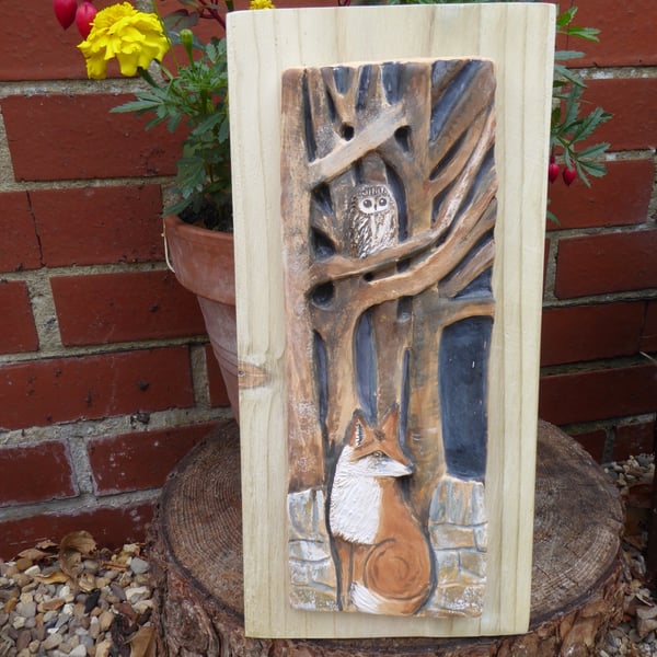 Ceramic art, fox owl art, unique artwork - Wildlife original art