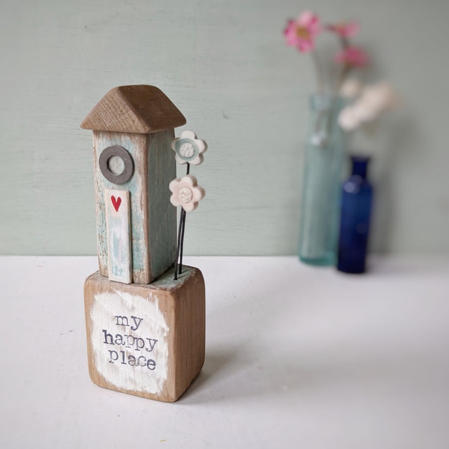 Little Wooden Sea Hut with Clay Flower 'my happy place'