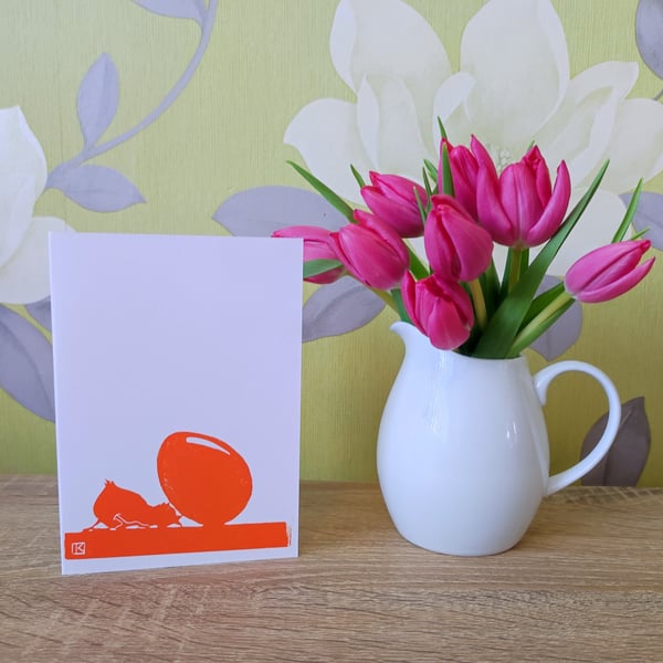 Happy Easter Chick 1 -  'Rolling the Egg' luxury handmade greeting card - orange
