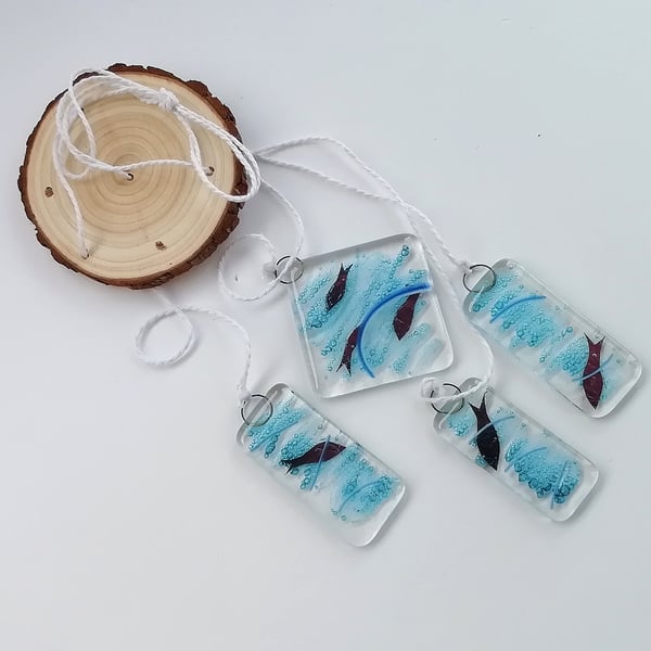 Bubbled glass wind chime, garden art, fused glass mobile, fish mobile. 