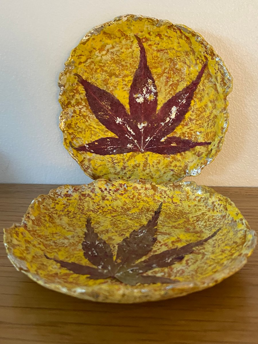 Pair of little trinket dishes, real maple leaf, recycled paper mache