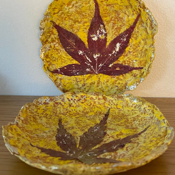 Pair of little trinket dishes, real maple leaf, recycled paper mache