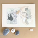 Mixed media collage of pebbles washed up by the tide subtle sage and cream tones