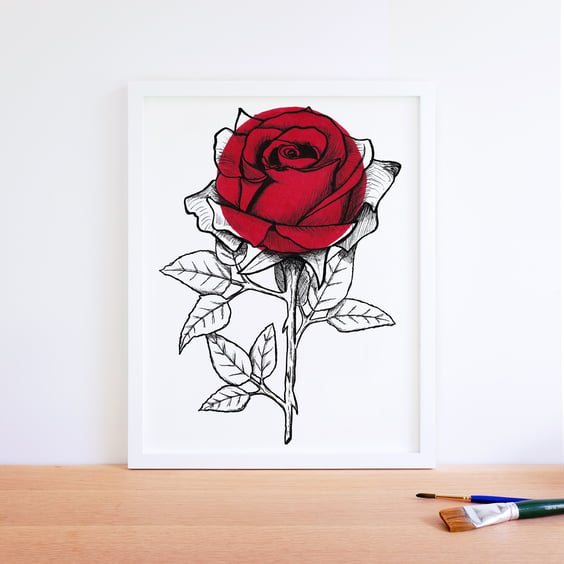 Minimalist Romantic Red Rose Flower Illustration Fine Art Print