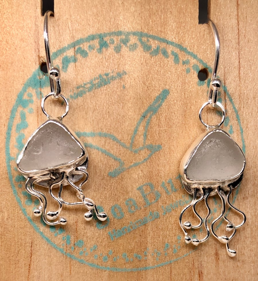 Warm Grey Sea Glass and Sterling Silver Jelly Fish Earrings - 1101
