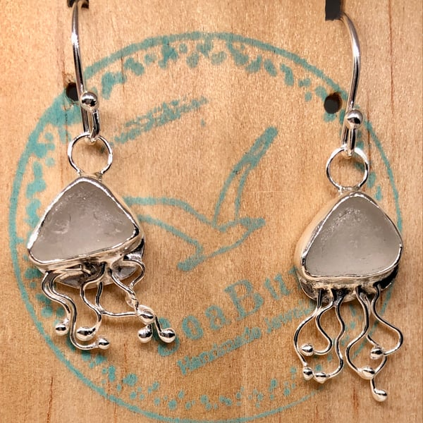 Warm Grey Sea Glass and Sterling Silver Jelly Fish Earrings - 1101