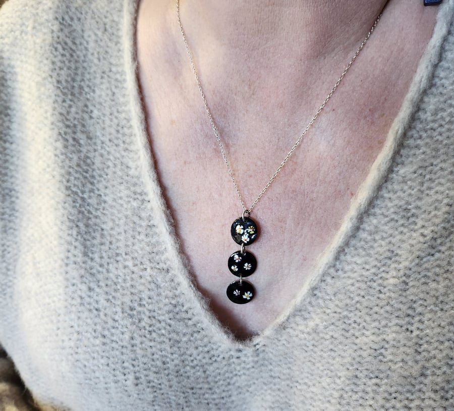 Three disk black enamel pendant 