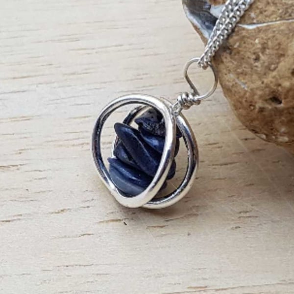 Sapphire necklace. September birthstone pendant. Sterling silver circle