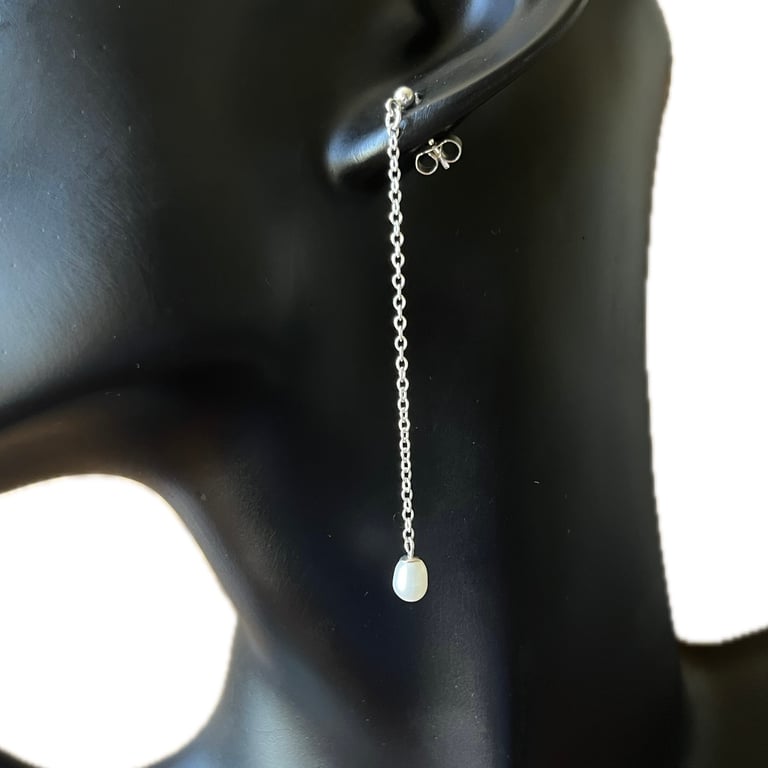 Rice Pearl Long Drop Earrings - Handmade, Sterling Silver 